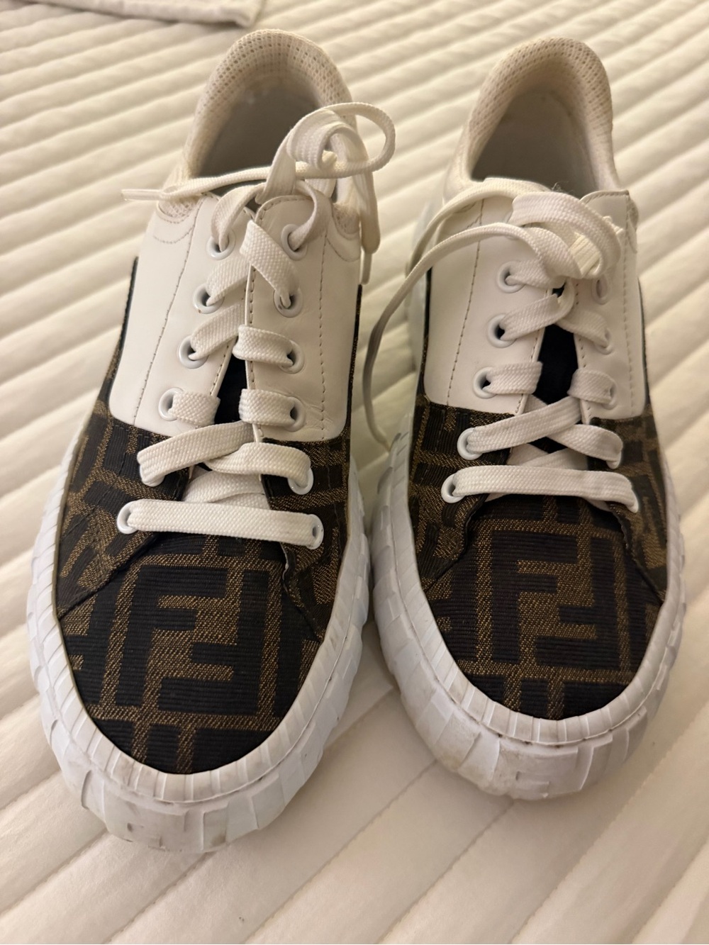 Fendi White & Brown Monogram Low-Top Sneakers